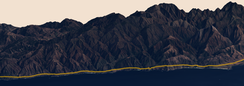 Rendered image of Big Sur, California developed with rayshader package