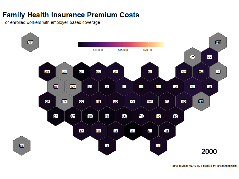 Animated graphic showing the increase in family premiums by state from 2000 to 2019
